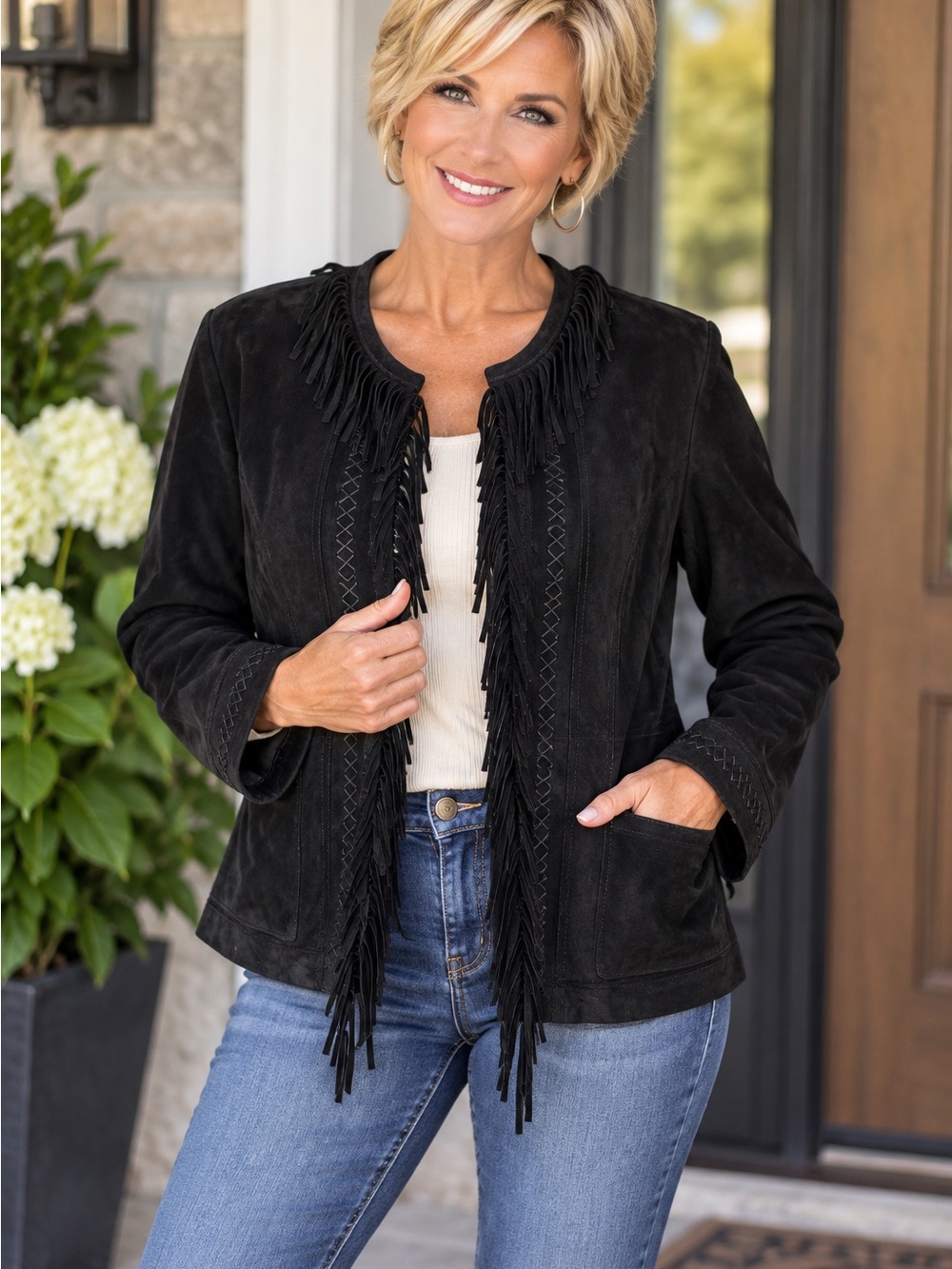Pamela McCoy 100% Genuine Leather Jacket Size M Black Suede Fringe Vintage